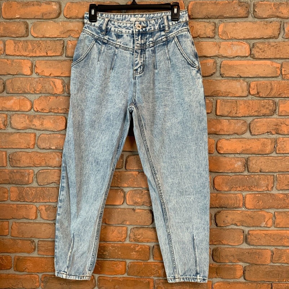 ELA Acid Wash Jeans Womens Size‎ 2 High Waist Tapered Leg Denim Pants Mom Cotton